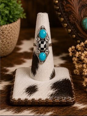 Genuine Turquoise & Black Inlay Southwestern Statement Ring Size 6